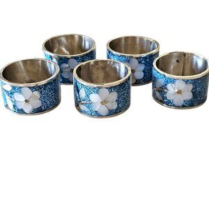 Blue Cloisonné Napkin Rings set/5 enamel mother-of-pearl inlay vtg Asian-style